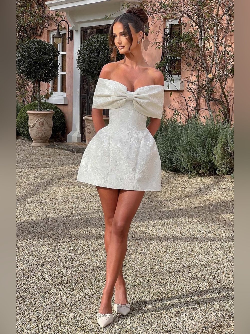 Babyboo Raquel Ivory Bow Jacquard Mini Dress Lace Up Back Medium New NWT